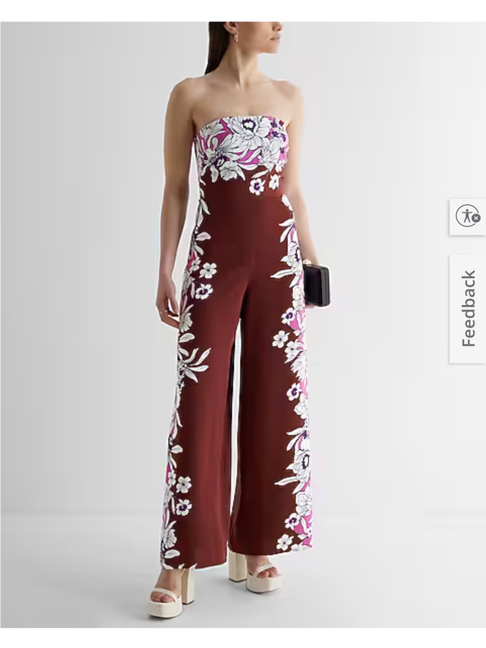 Express Strapless Floral Wide-Leg Jumpsuit in Burgundy with White & Pink Accents